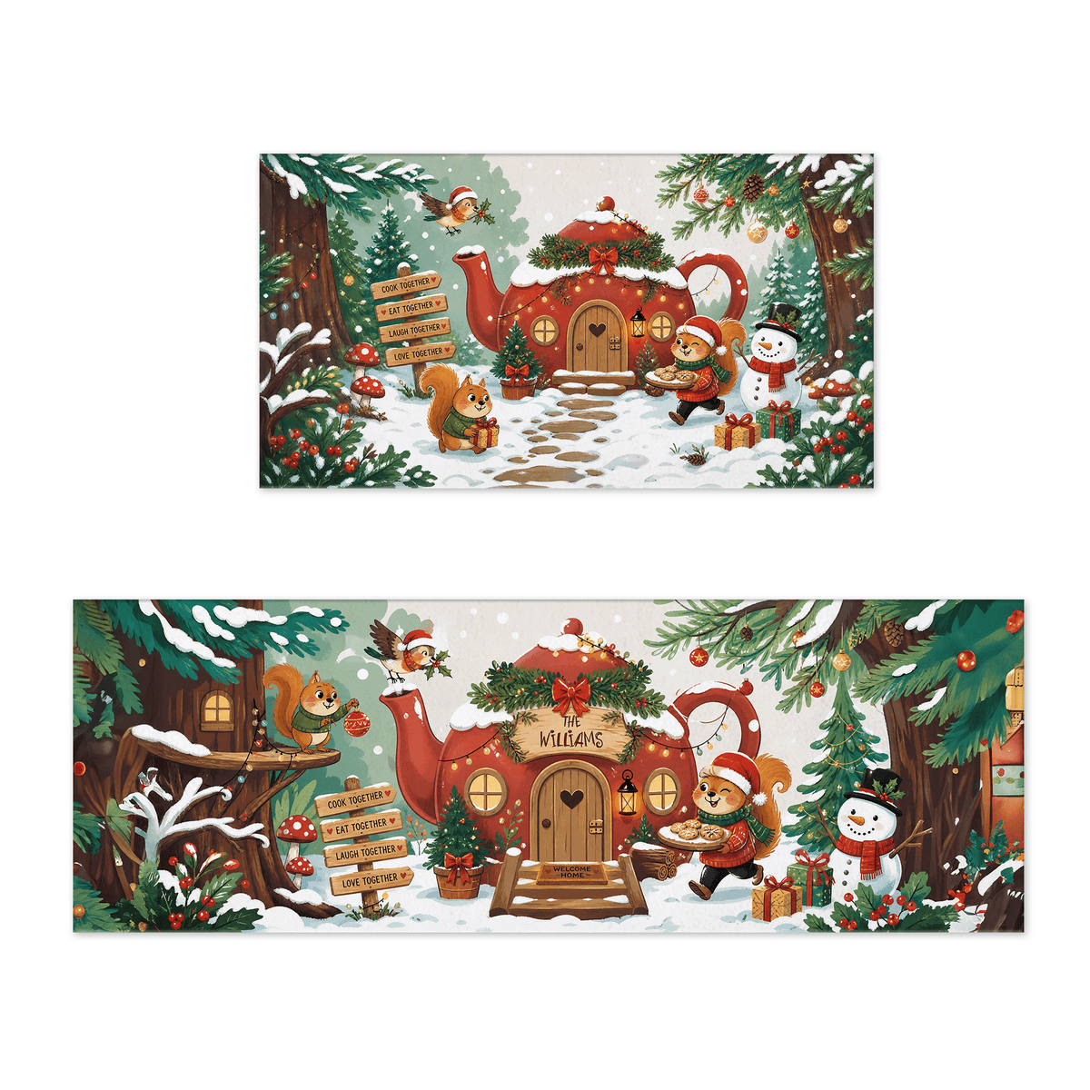 Personalized Woodland Teapot Cottage Christmas kitchen mat set with custom family name