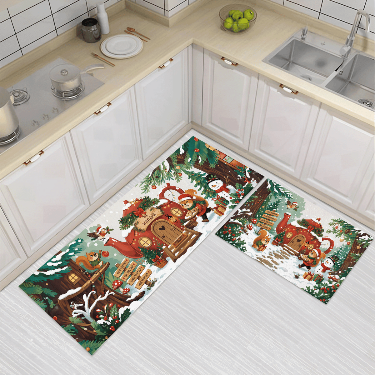 Personalized Woodland Teapot Cottage Christmas kitchen mat set, view 2