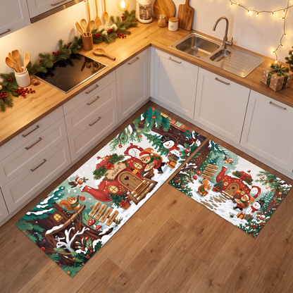 Personalized Woodland Teapot Cottage Christmas kitchen mat set, view 3