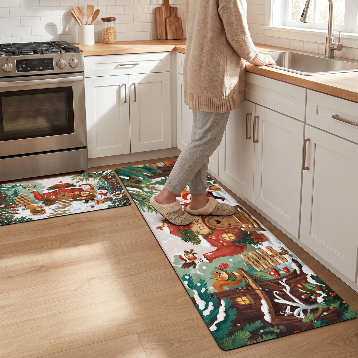 Personalized Woodland Teapot Cottage Christmas kitchen mat set, view 4