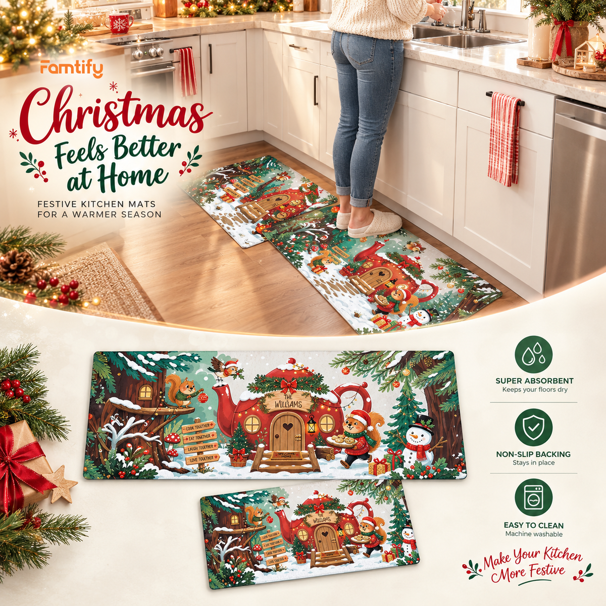 Personalized Woodland Teapot Cottage Christmas kitchen mat set, view 7