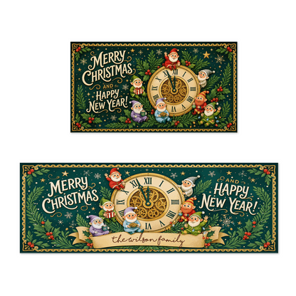 Personalized Christmas New Year Clock kitchen mat set with custom family name