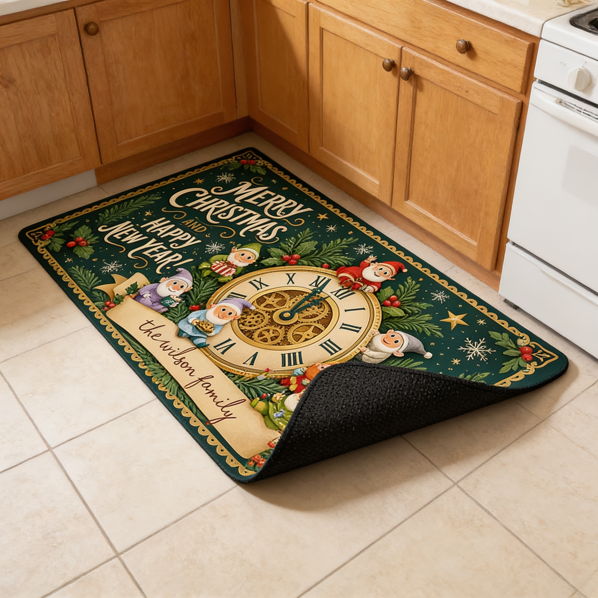 Personalized Christmas New Year Clock kitchen mat set, view 6