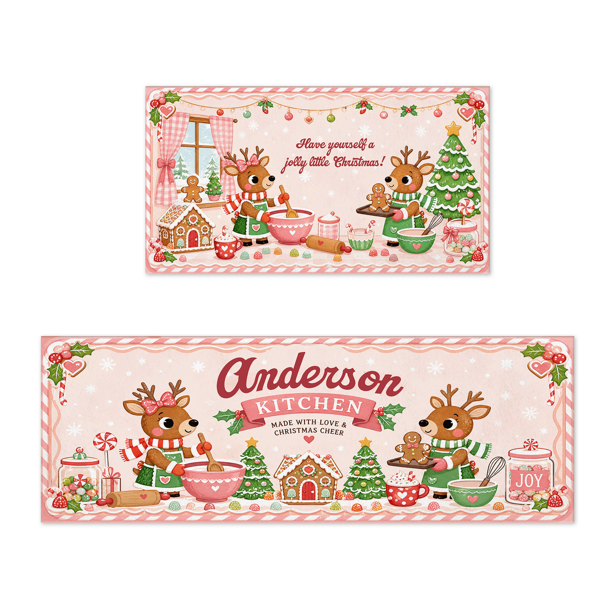 Personalized Reindeer Christmas Baking kitchen mat set with custom kitchen name