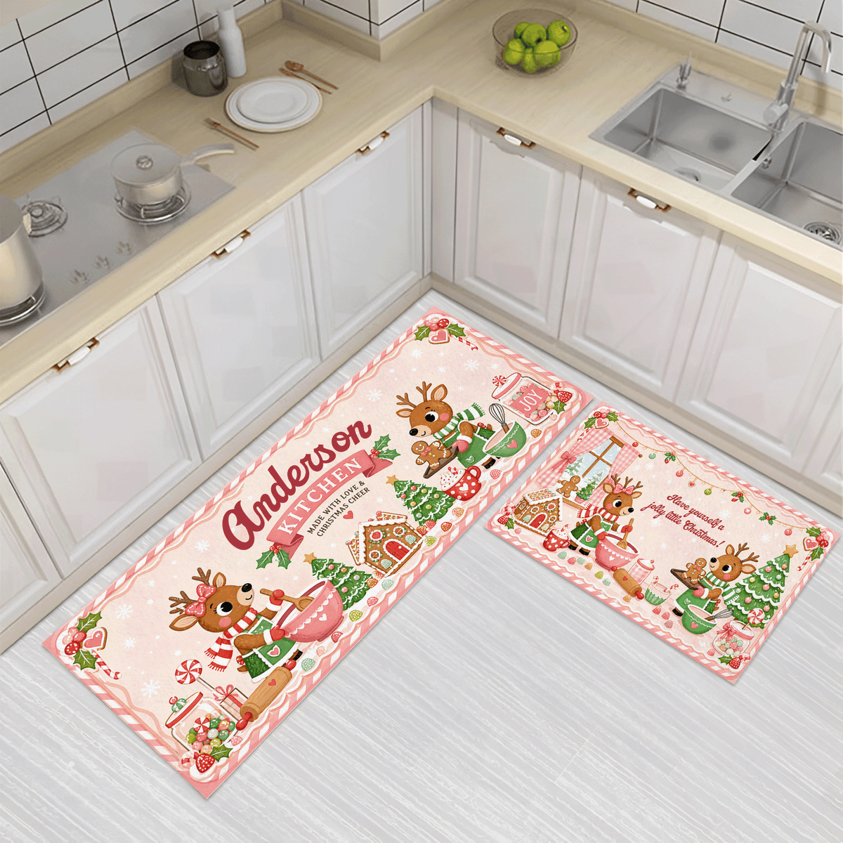 Personalized Reindeer Christmas Baking kitchen mat set, view 2