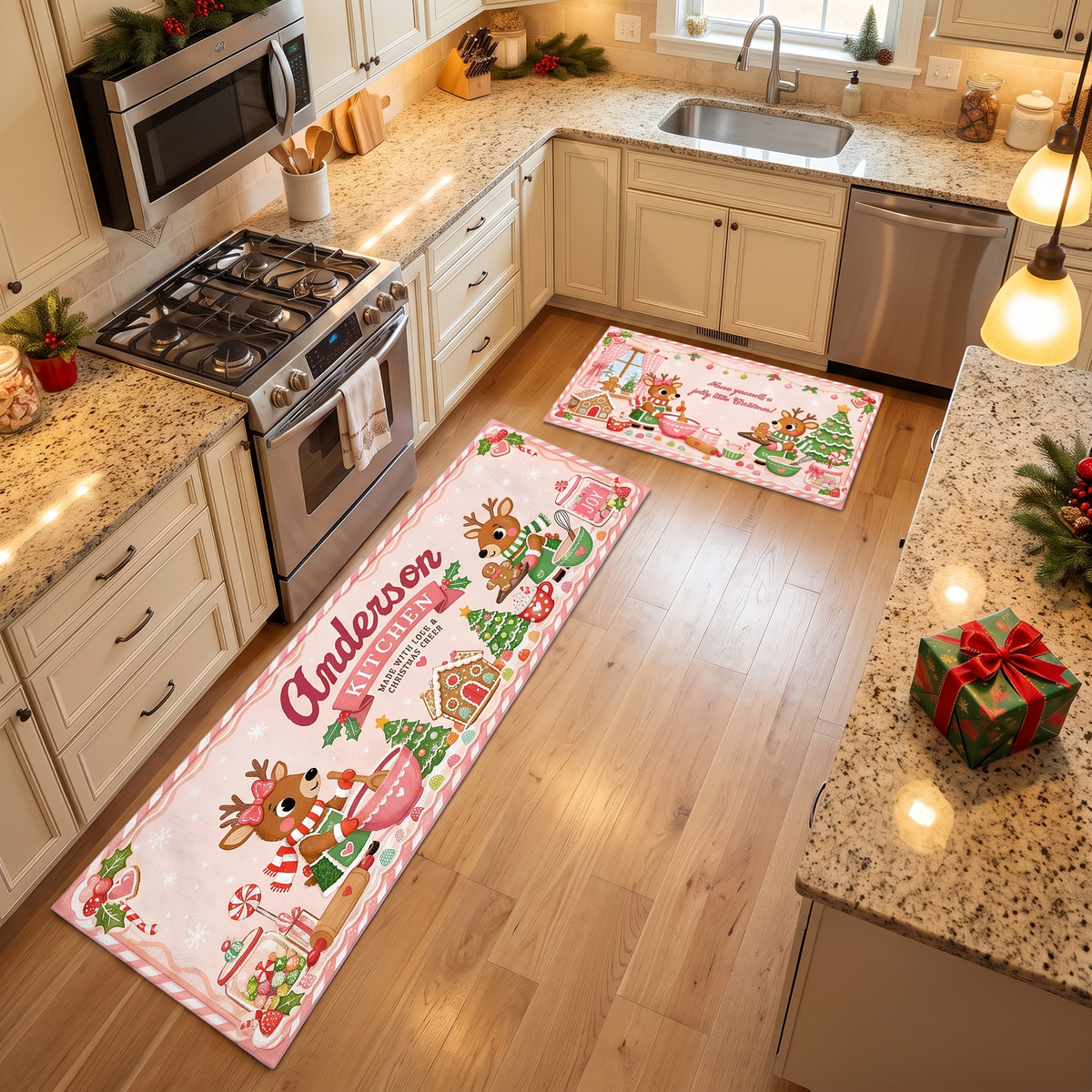 Personalized Reindeer Christmas Baking kitchen mat set, view 3