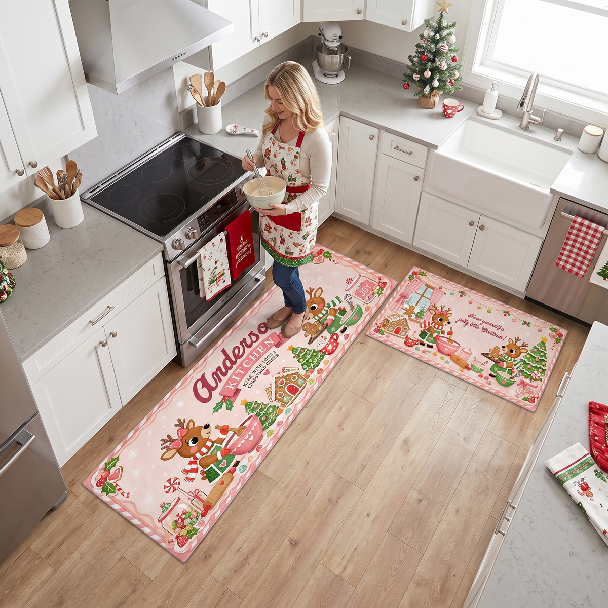 Personalized Reindeer Christmas Baking kitchen mat set, view 4