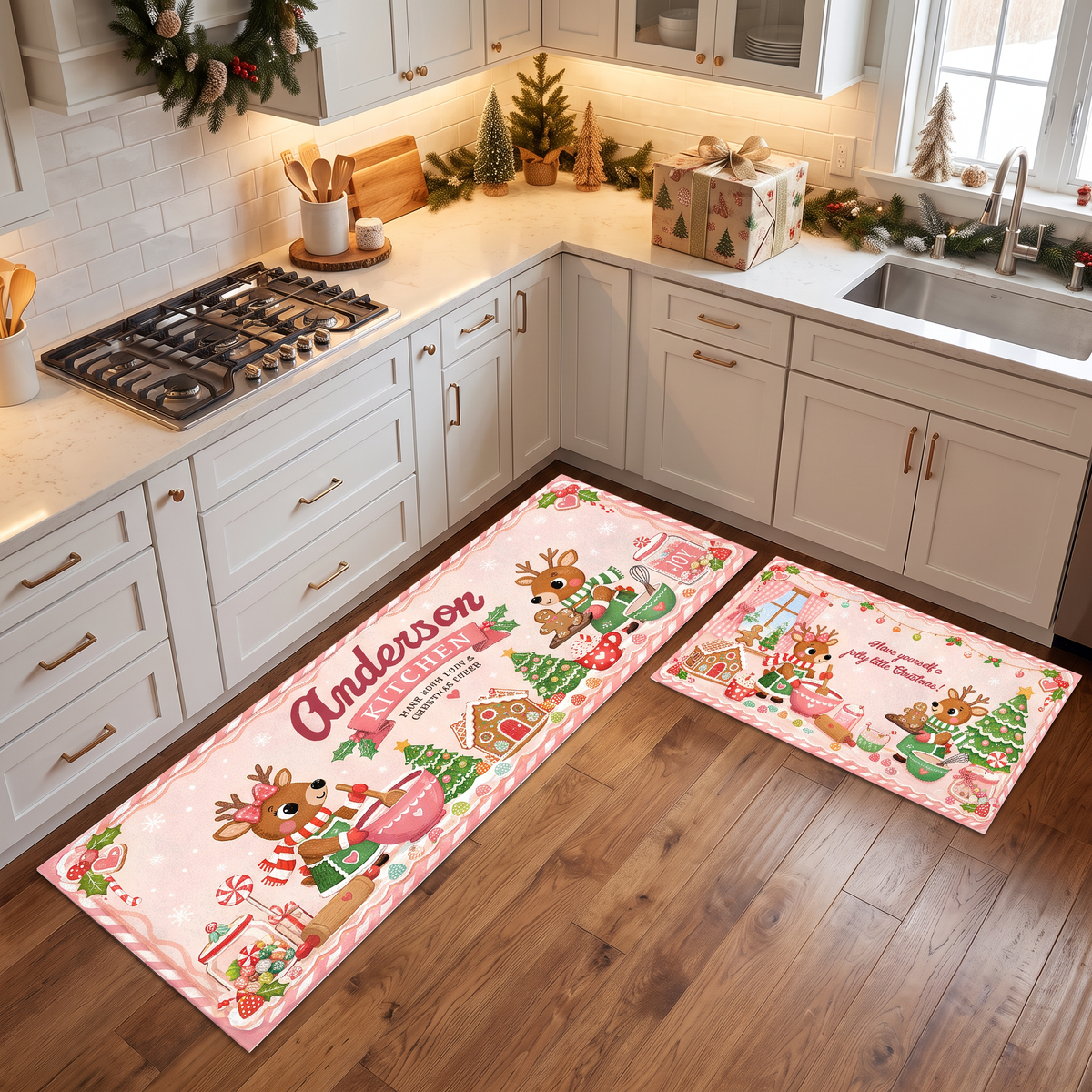 Personalized Reindeer Christmas Baking kitchen mat set, view 5
