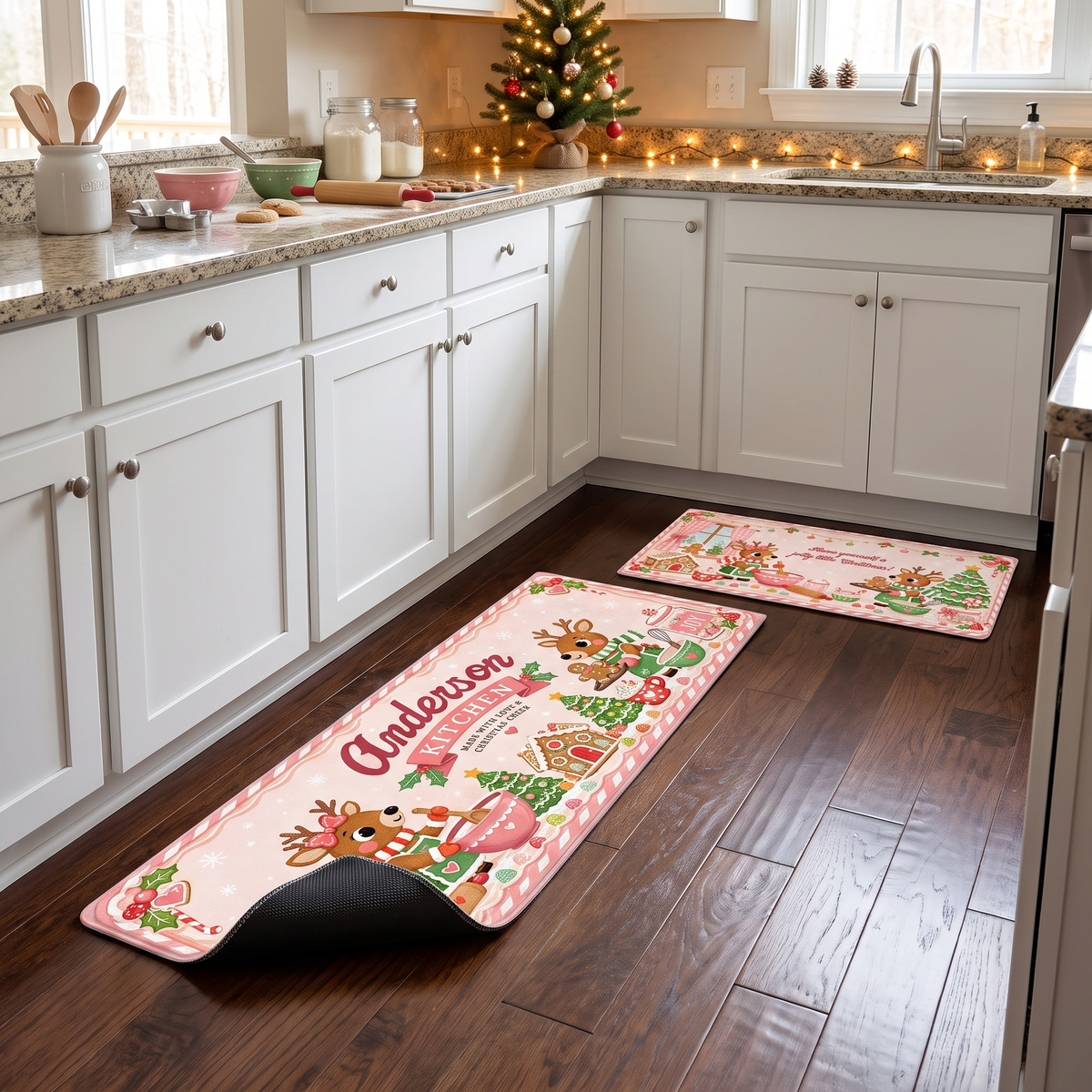 Personalized Reindeer Christmas Baking kitchen mat set, view 6