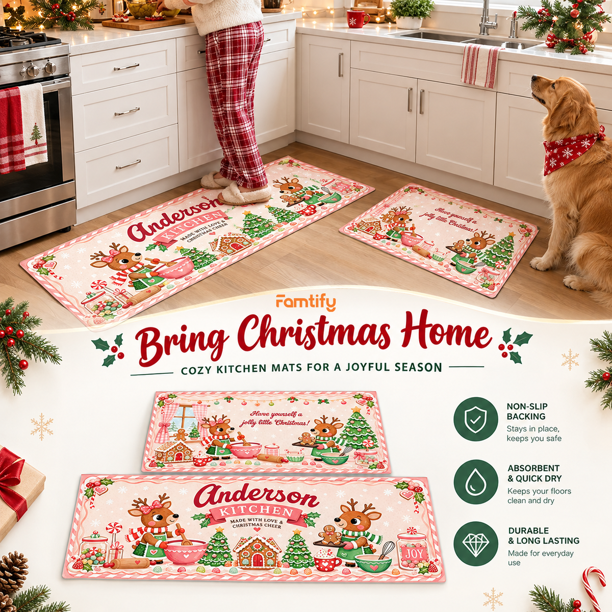 Personalized Reindeer Christmas Baking kitchen mat set, view 8
