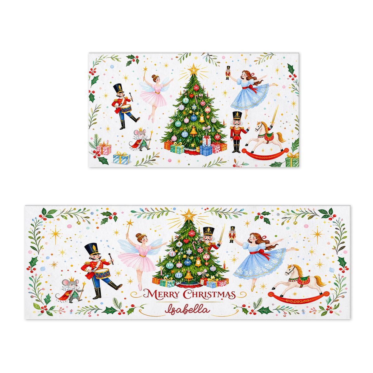 Personalized Nutcracker Ballet Christmas Tree kitchen mat set with custom name