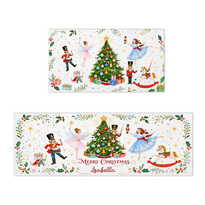 Personalized Nutcracker Ballet Christmas Tree kitchen mat set with custom name