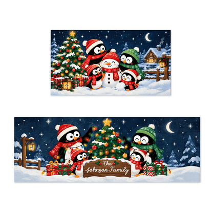 Personalized Penguin Family Starry Night Christmas kitchen mat set with custom family name