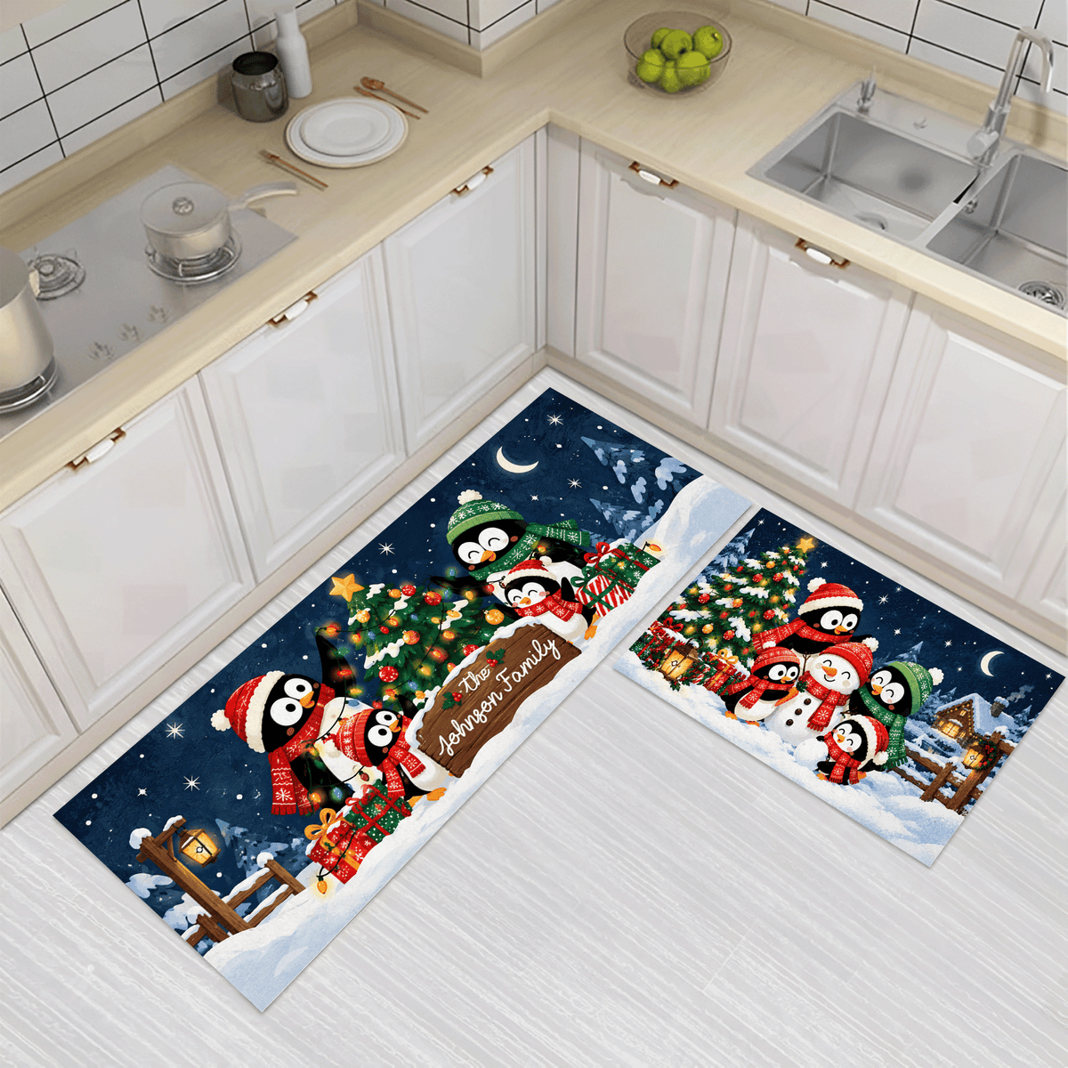 Personalized Penguin Family Starry Night Christmas kitchen mat set, view 2