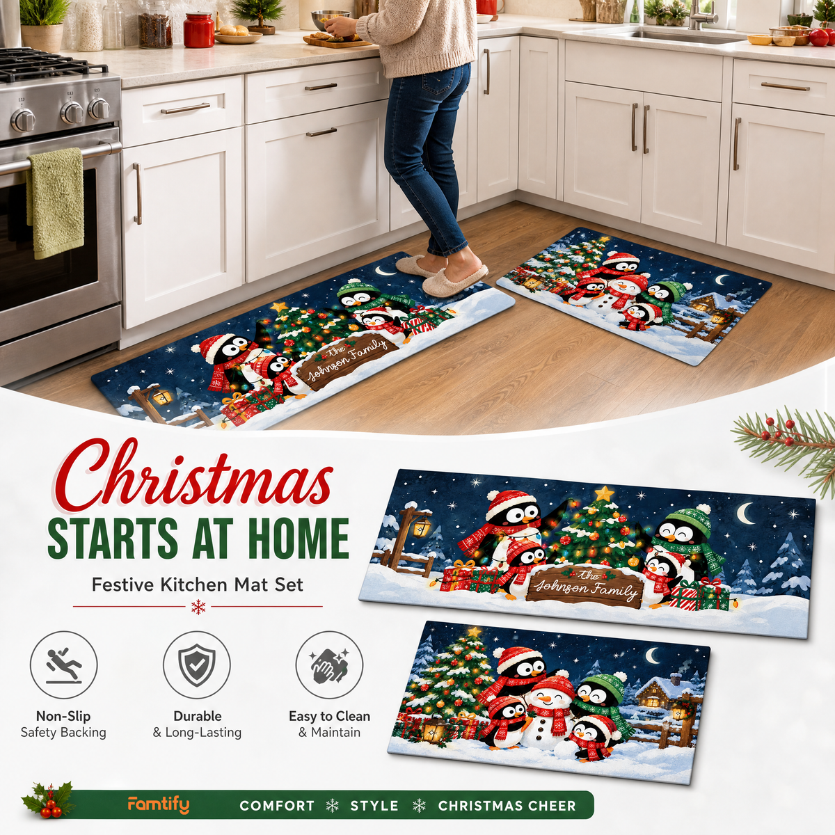 Personalized Penguin Family Starry Night Christmas kitchen mat set, view 3