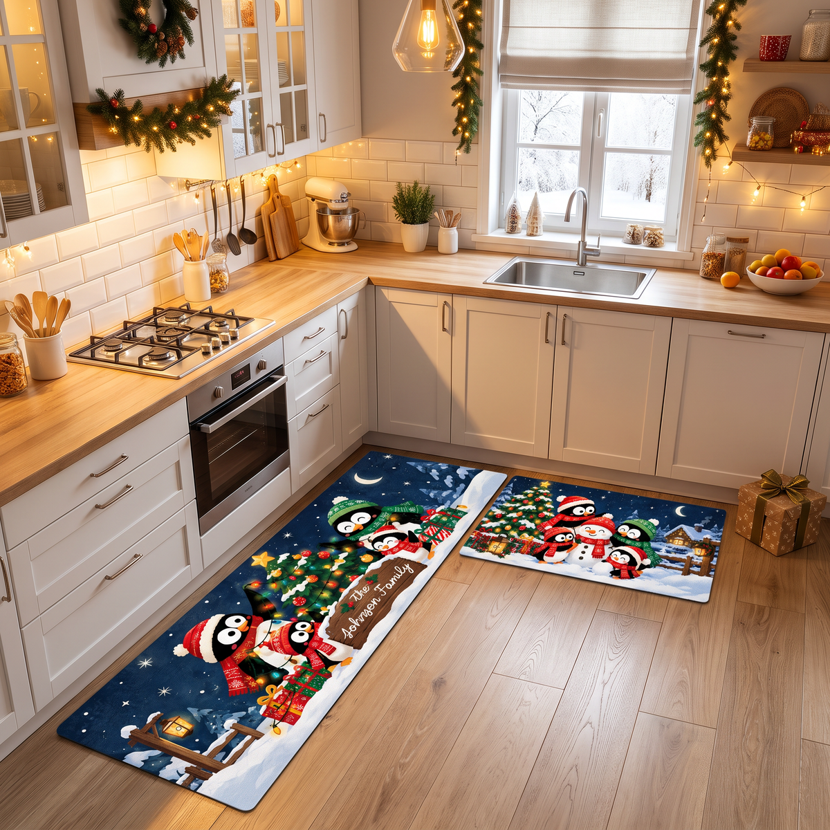 Personalized Penguin Family Starry Night Christmas kitchen mat set, view 4