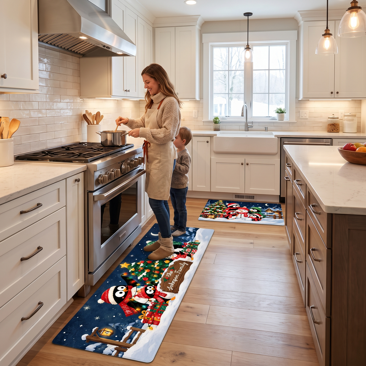 Personalized Penguin Family Starry Night Christmas kitchen mat set, view 5