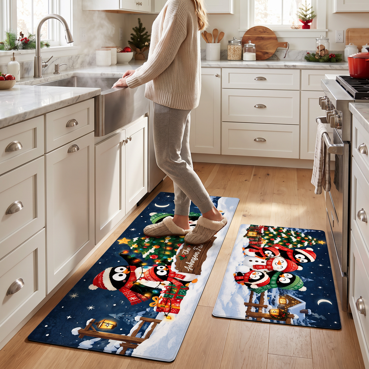 Personalized Penguin Family Starry Night Christmas kitchen mat set, view 6