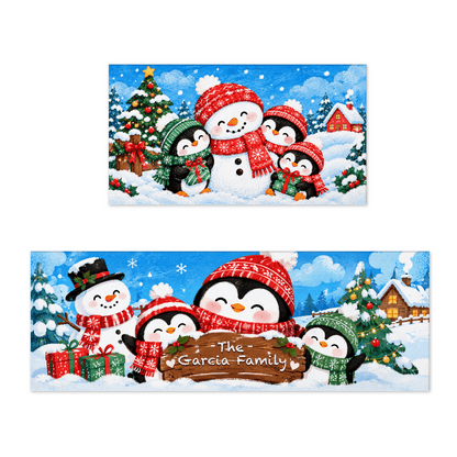 Personalized Snowman & Penguin Friends Christmas kitchen mat set with custom family name