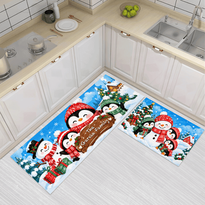 Personalized Snowman & Penguin Friends Christmas kitchen mat set, view 2