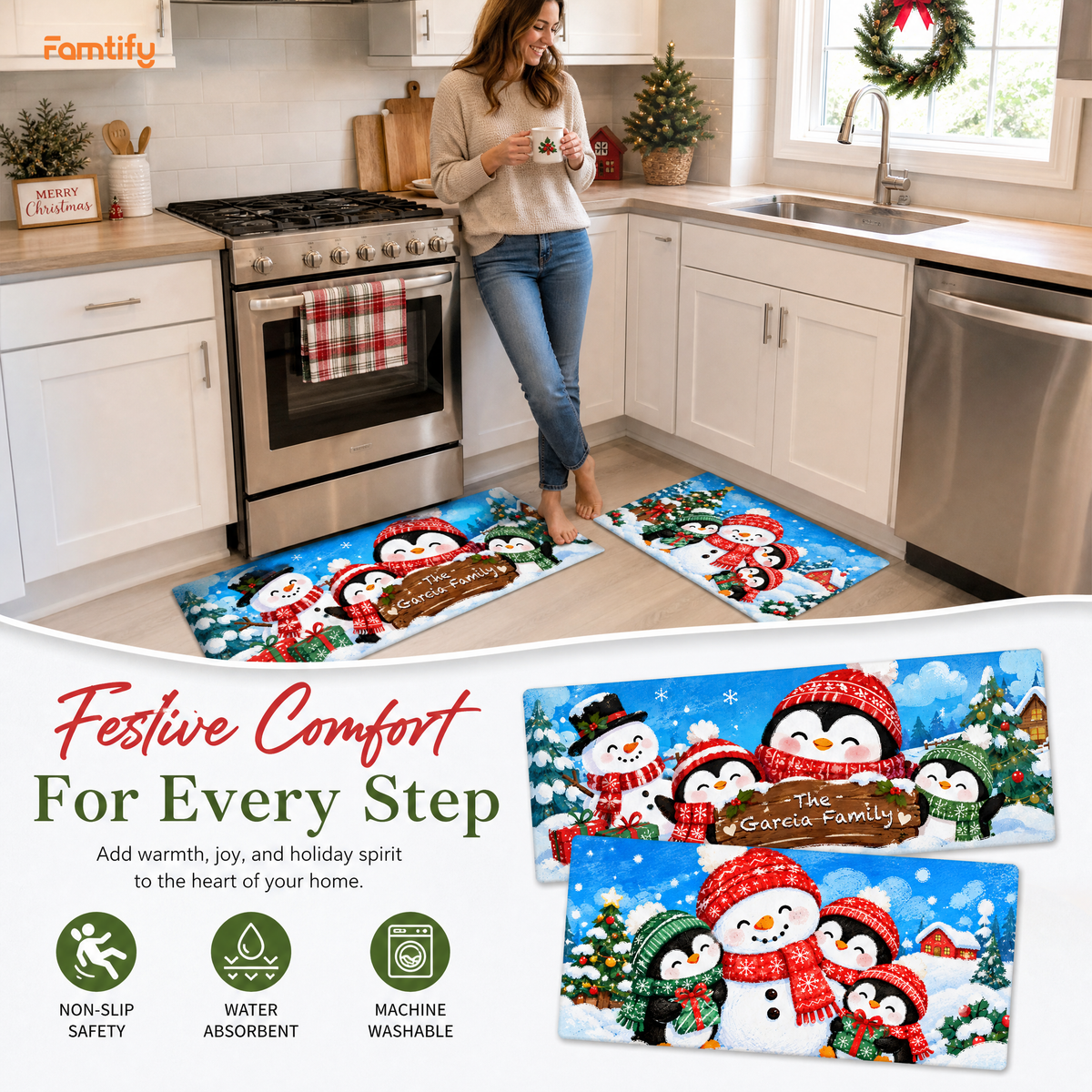 Personalized Snowman & Penguin Friends Christmas kitchen mat set, view 3