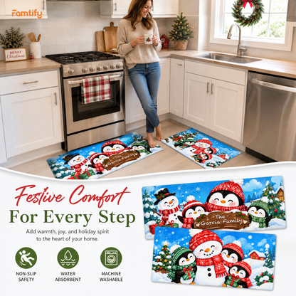 Personalized Snowman & Penguin Friends Christmas kitchen mat set, view 3