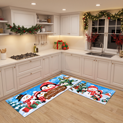 Personalized Snowman & Penguin Friends Christmas kitchen mat set, view 4