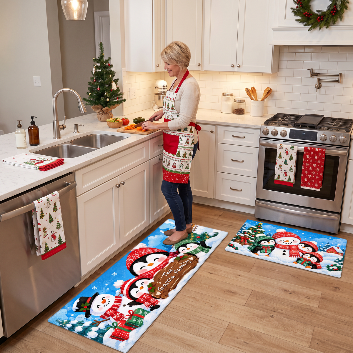 Personalized Snowman & Penguin Friends Christmas kitchen mat set, view 5