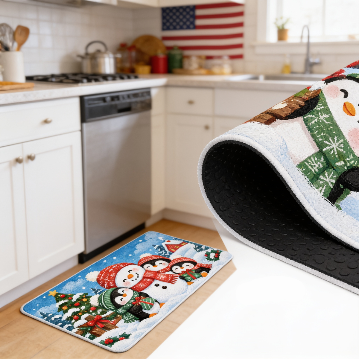 Personalized Snowman & Penguin Friends Christmas kitchen mat set, view 7