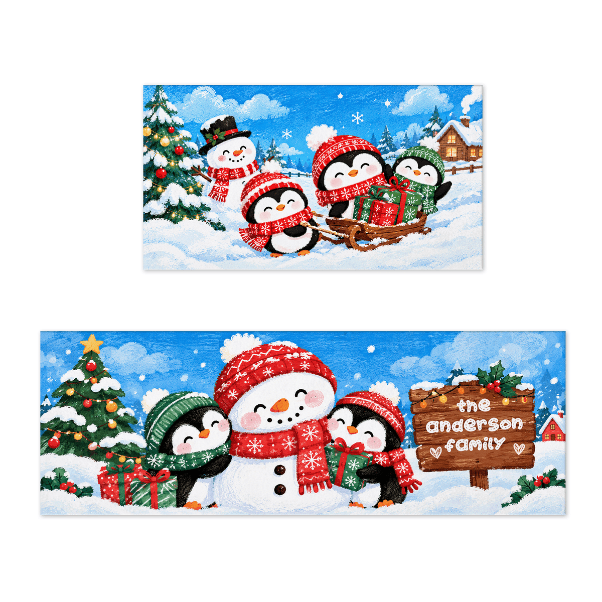 Personalized Snowman Penguins Sled Christmas kitchen mat set with custom family name