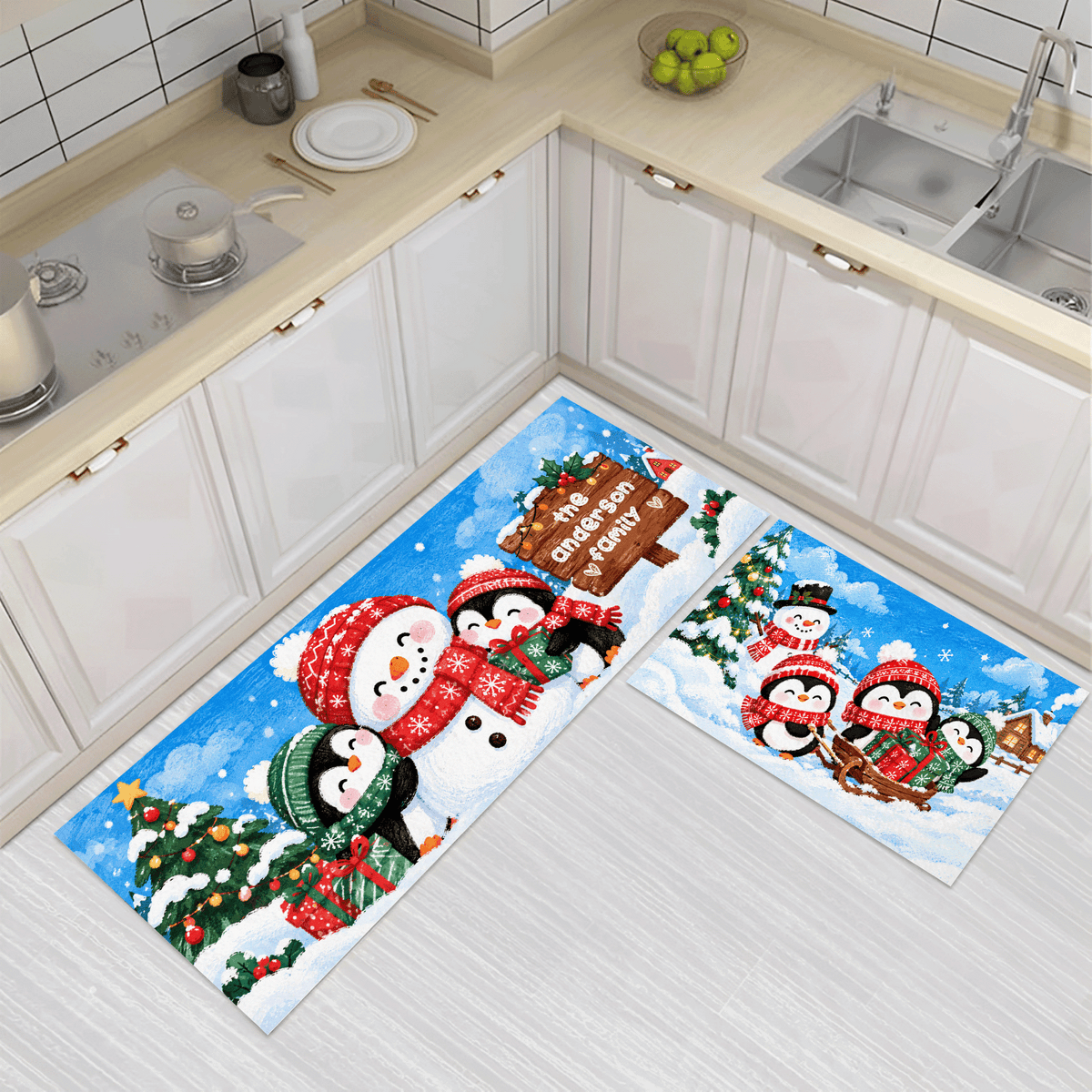 Personalized Snowman Penguins Sled Christmas kitchen mat set, view 2
