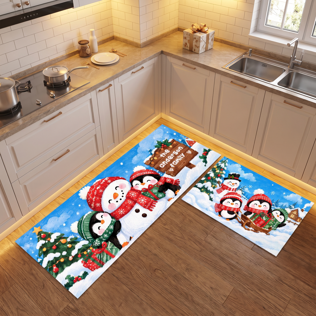 Personalized Snowman Penguins Sled Christmas kitchen mat set, view 3
