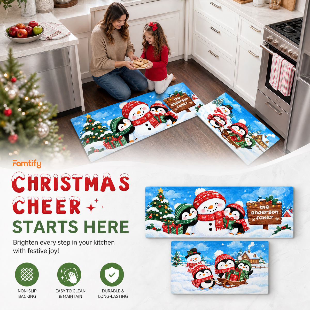 Personalized Snowman Penguins Sled Christmas kitchen mat set, view 6