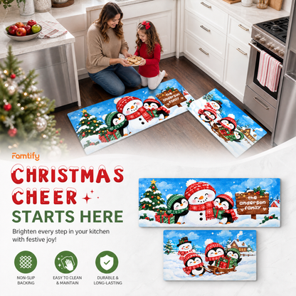 Personalized Snowman Penguins Sled Christmas kitchen mat set, view 6