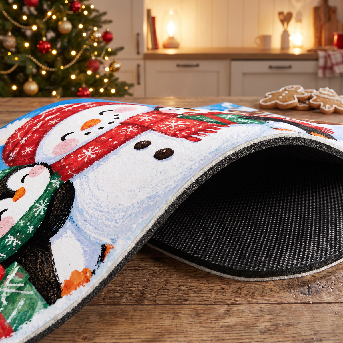 Personalized Snowman Penguins Sled Christmas kitchen mat set, view 7