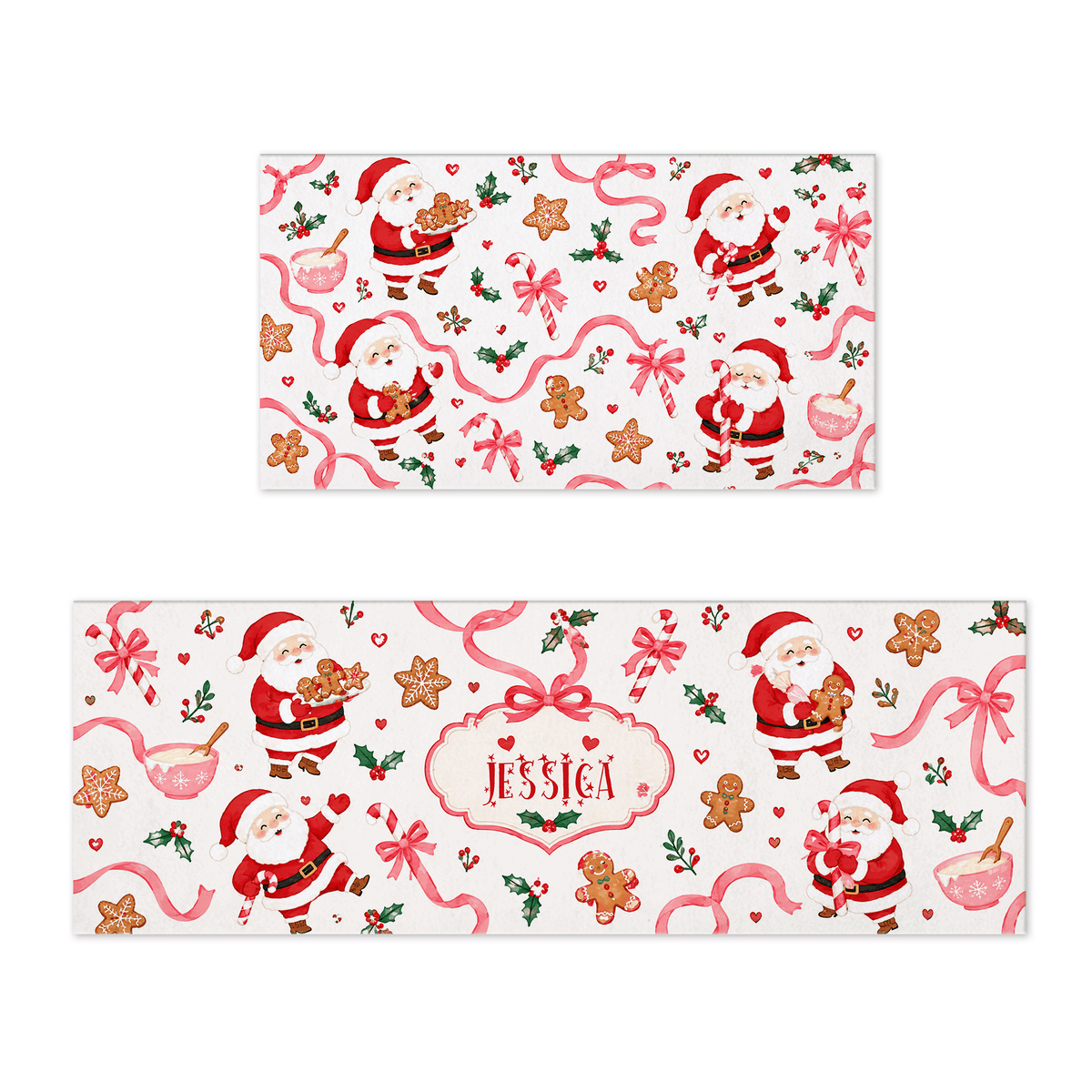 Personalized Santa Baking Cookies Christmas kitchen mat set with custom name