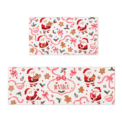 Personalized Santa Baking Cookies Christmas kitchen mat set with custom name