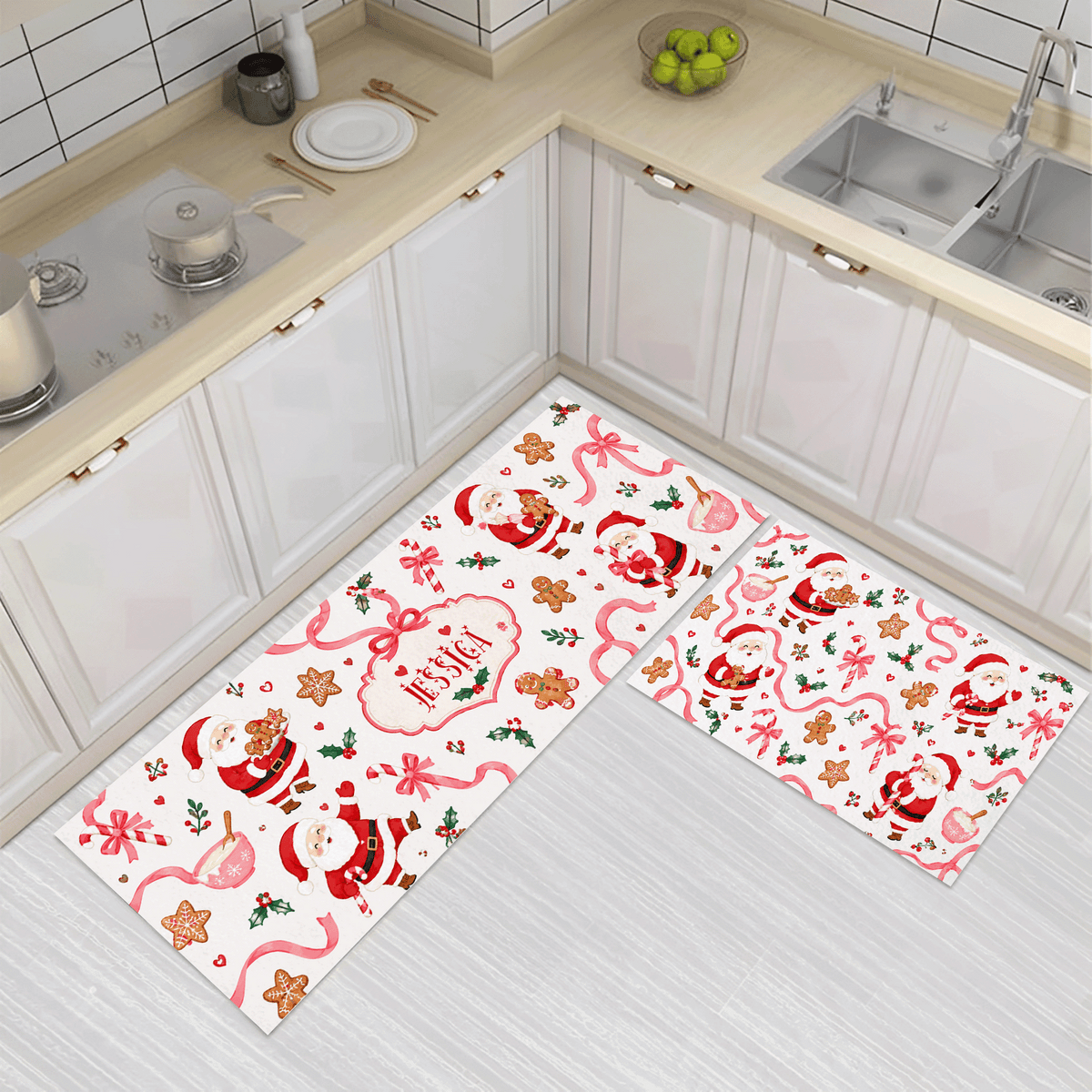 Personalized Santa Baking Cookies Christmas kitchen mat set, view 2