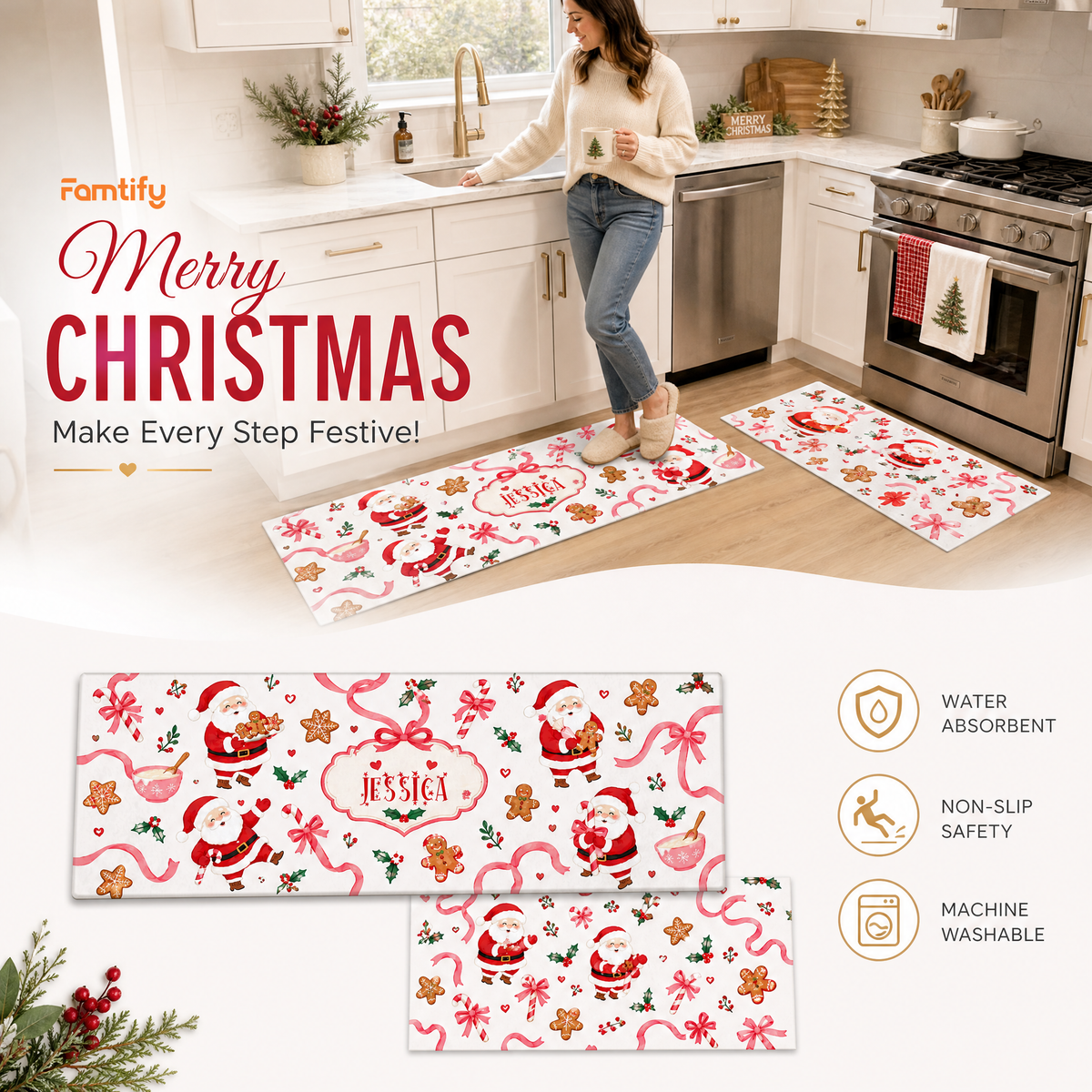 Personalized Santa Baking Cookies Christmas kitchen mat set, view 3