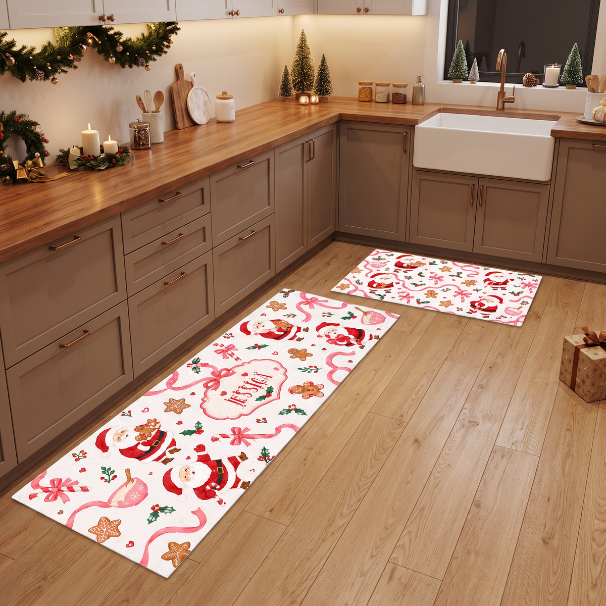 Personalized Santa Baking Cookies Christmas kitchen mat set, view 4