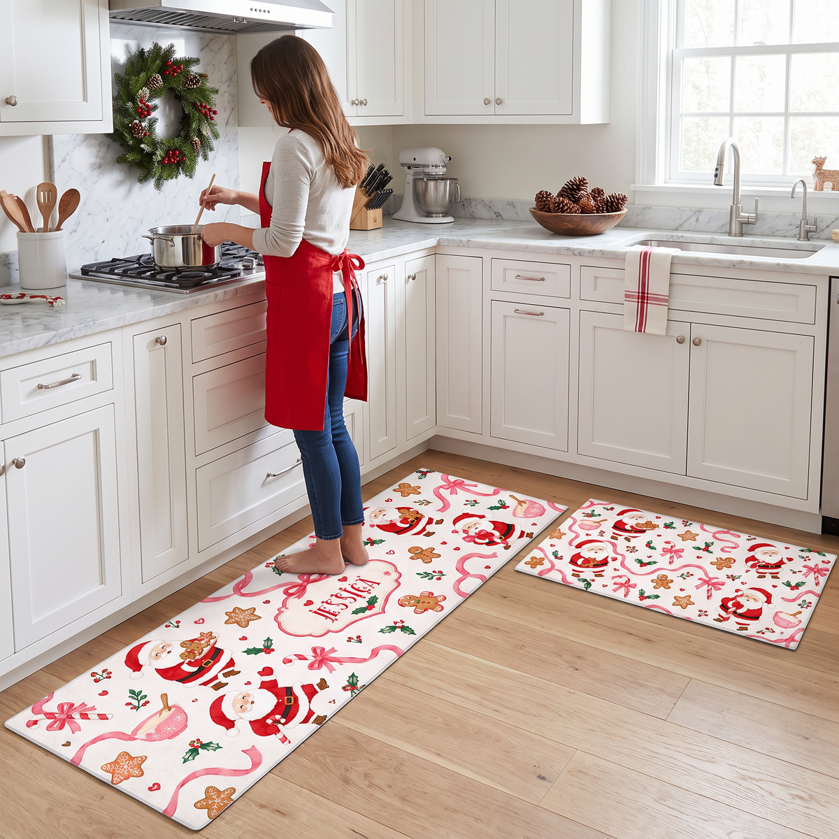 Personalized Santa Baking Cookies Christmas kitchen mat set, view 5