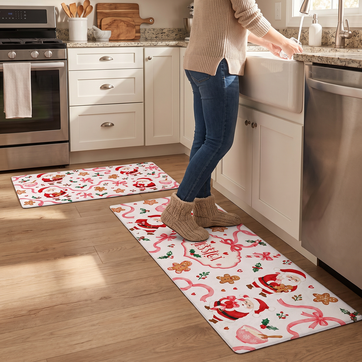 Personalized Santa Baking Cookies Christmas kitchen mat set, view 6