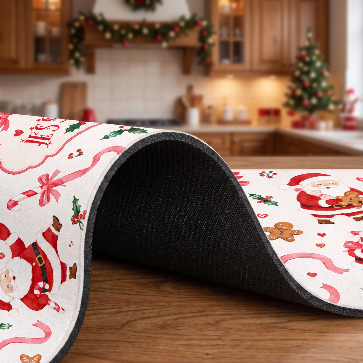 Personalized Santa Baking Cookies Christmas kitchen mat set, view 7