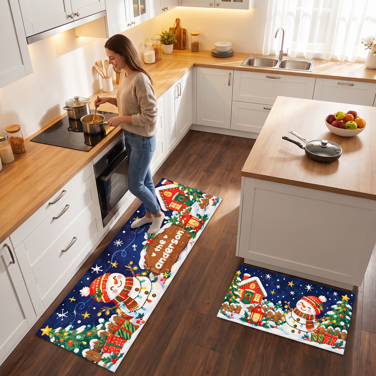 Personalized Snowman Cottage Signpost Christmas kitchen mat set in a cozy holiday kitchen