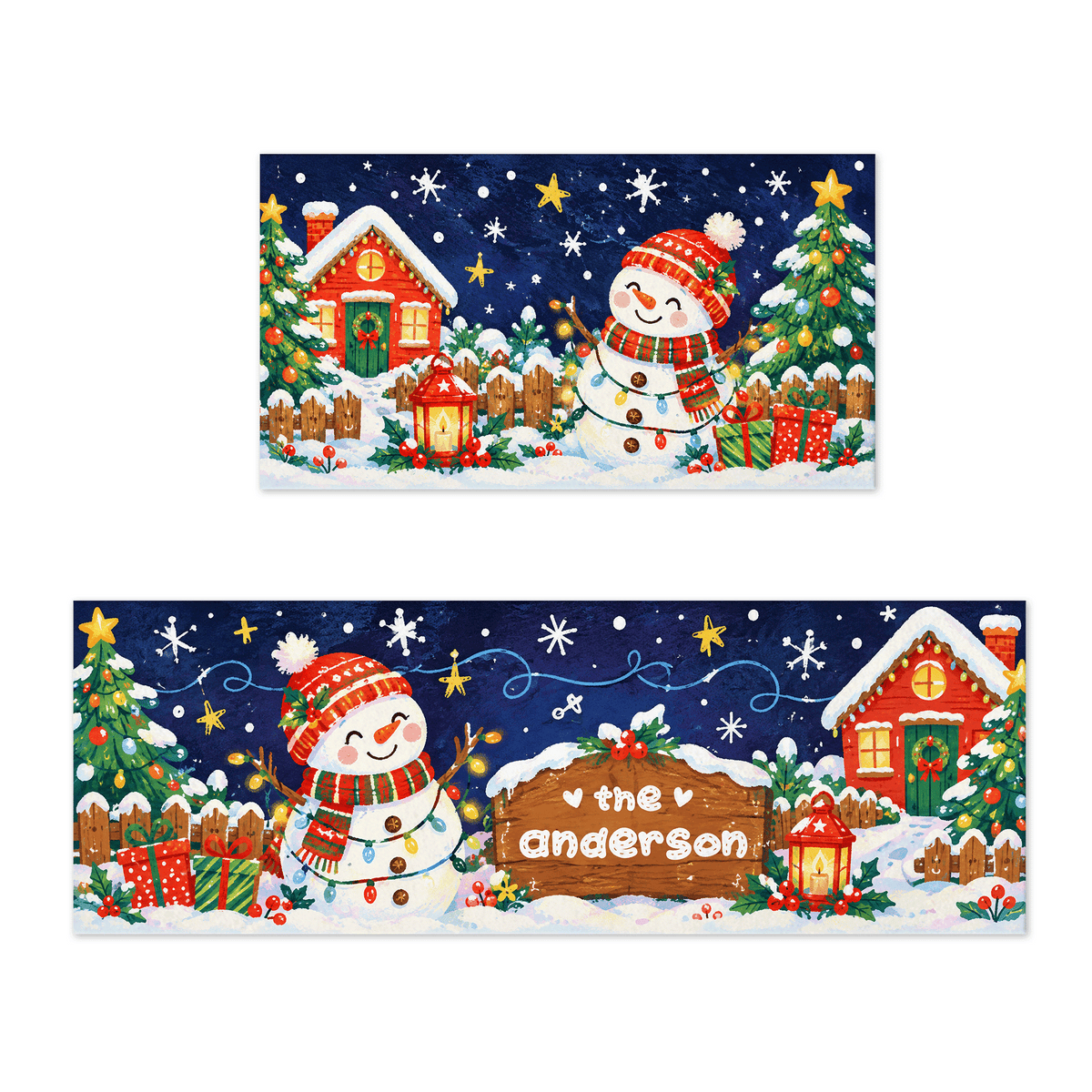 Personalized Snowman Cottage Signpost Christmas kitchen mat set with custom family name