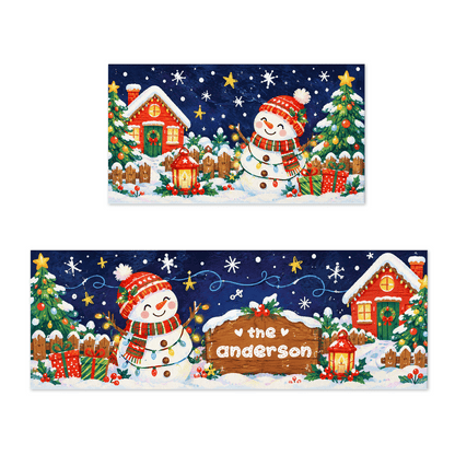 Personalized Snowman Cottage Signpost Christmas kitchen mat set with custom family name