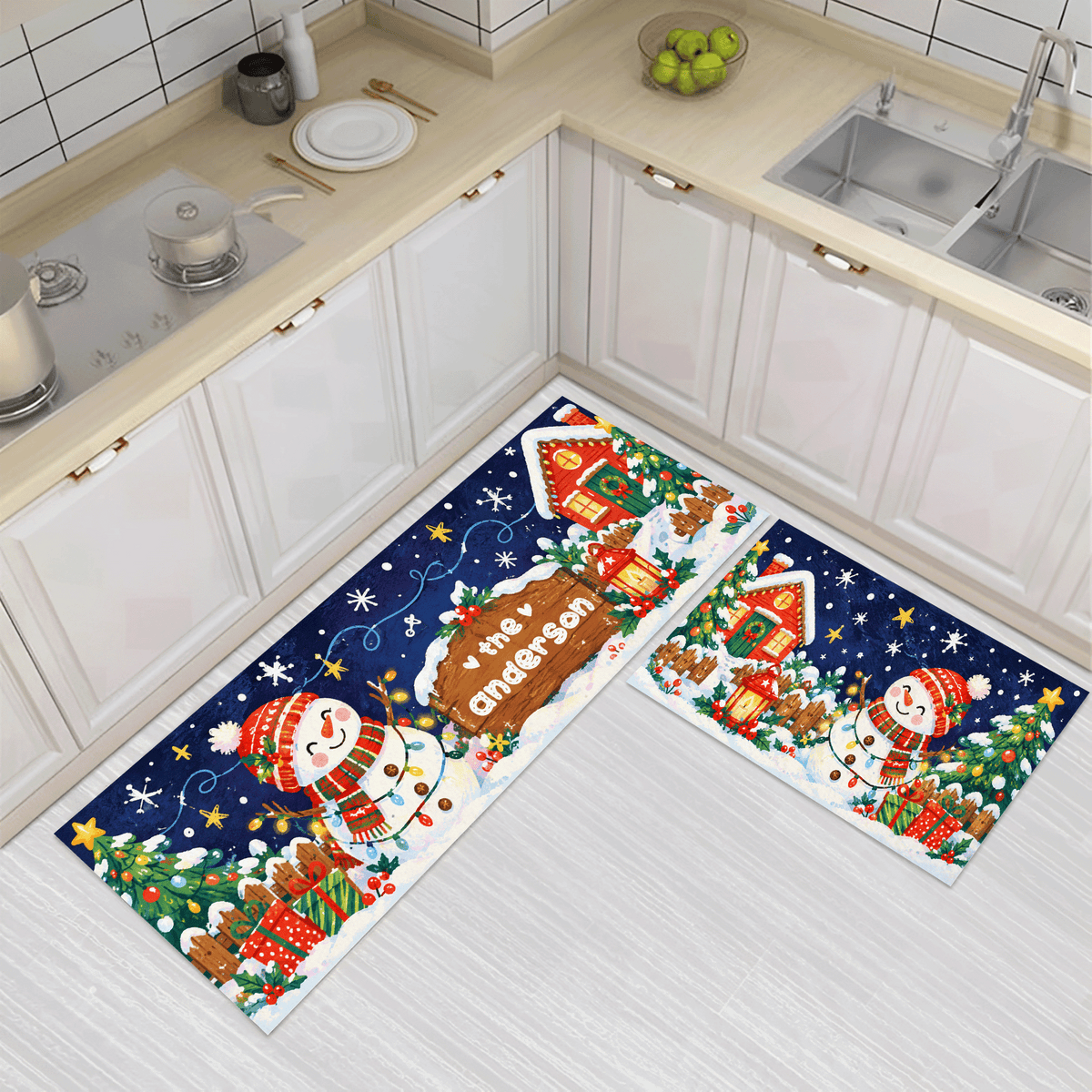 Personalized Snowman Cottage Signpost Christmas kitchen mat set, view 3