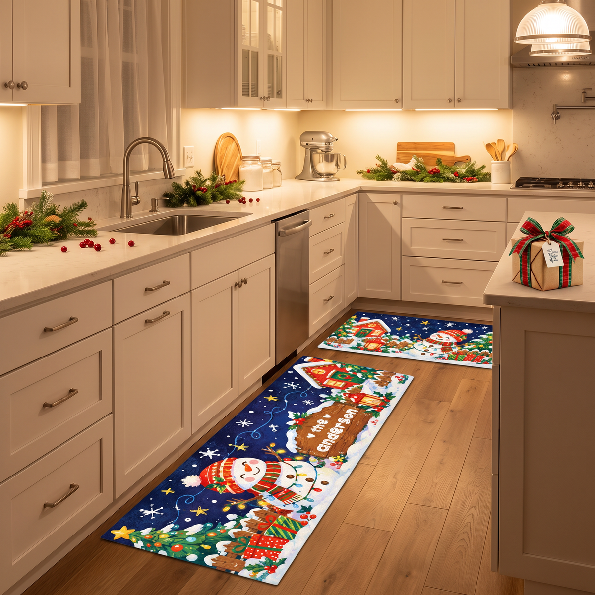 Personalized Snowman Cottage Signpost Christmas kitchen mat set, view 4
