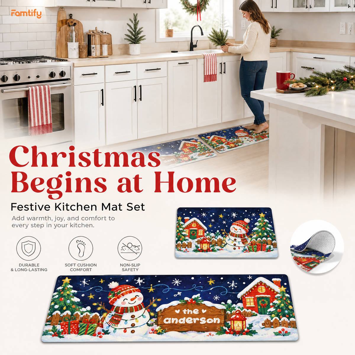 Personalized Snowman Cottage Signpost Christmas kitchen mat set, view 5