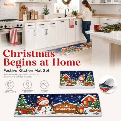 Personalized Snowman Cottage Signpost Christmas kitchen mat set, view 5